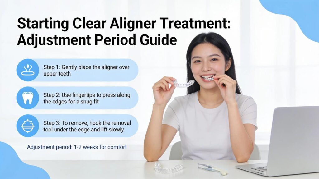 Starting clear aligner treatment involves a short adjustment period as patients learn to wear, remove